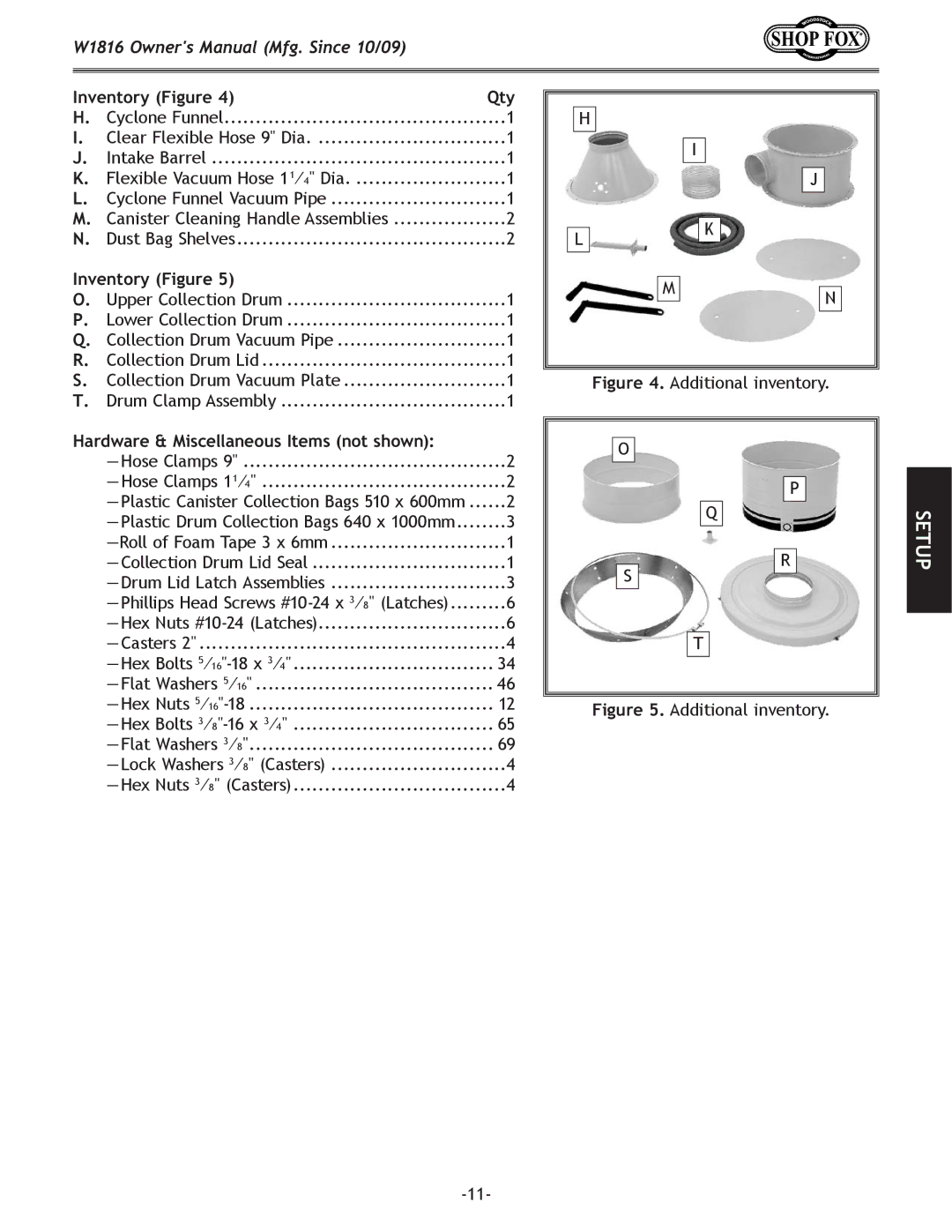 Woodstock W1816 owner manual Inventory Figure Qty, Hardware & Miscellaneous Items not shown 