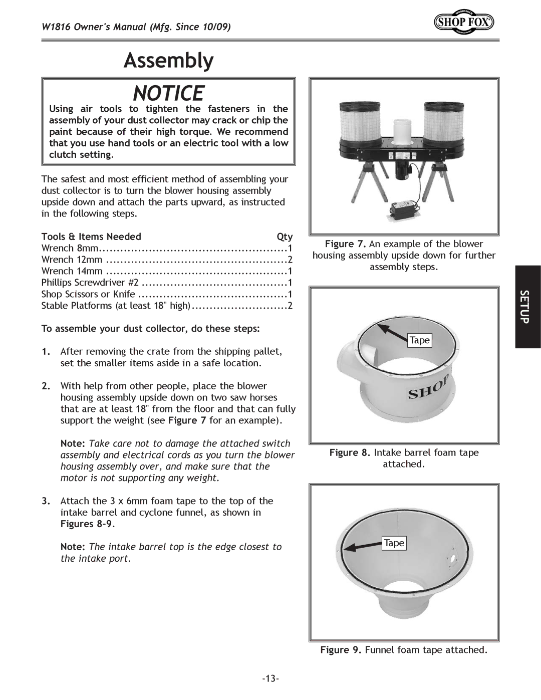 Woodstock W1816 owner manual Assembly, Tools & Items Needed Qty, To assemble your dust collector, do these steps 