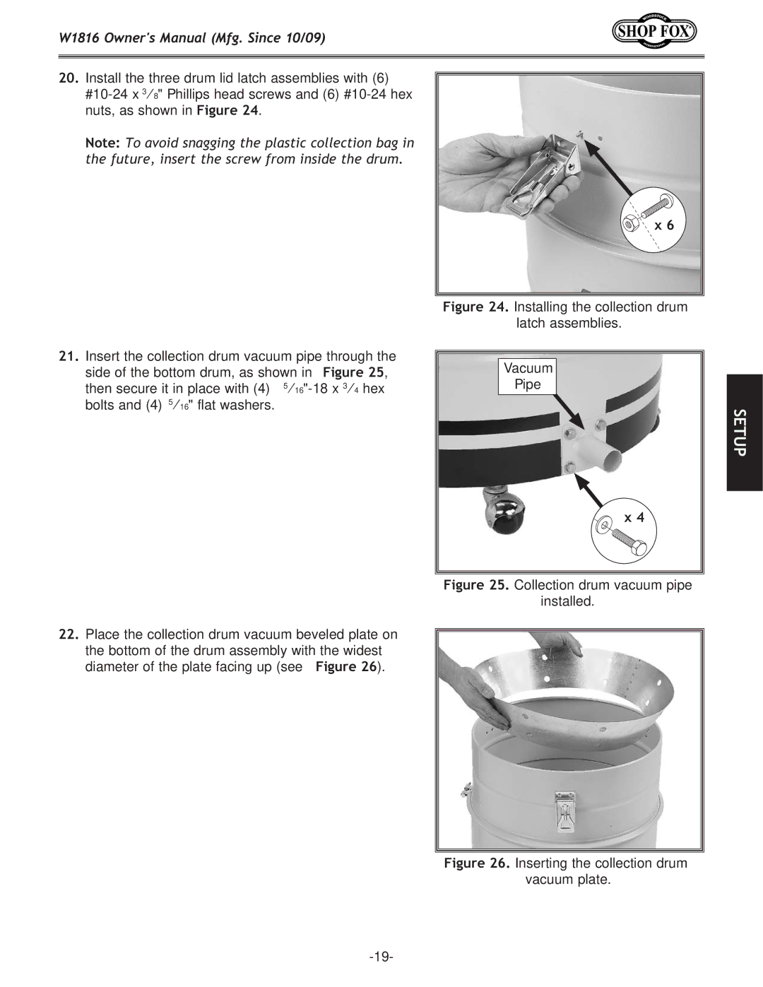 Woodstock W1816 owner manual Installing the collection drum 