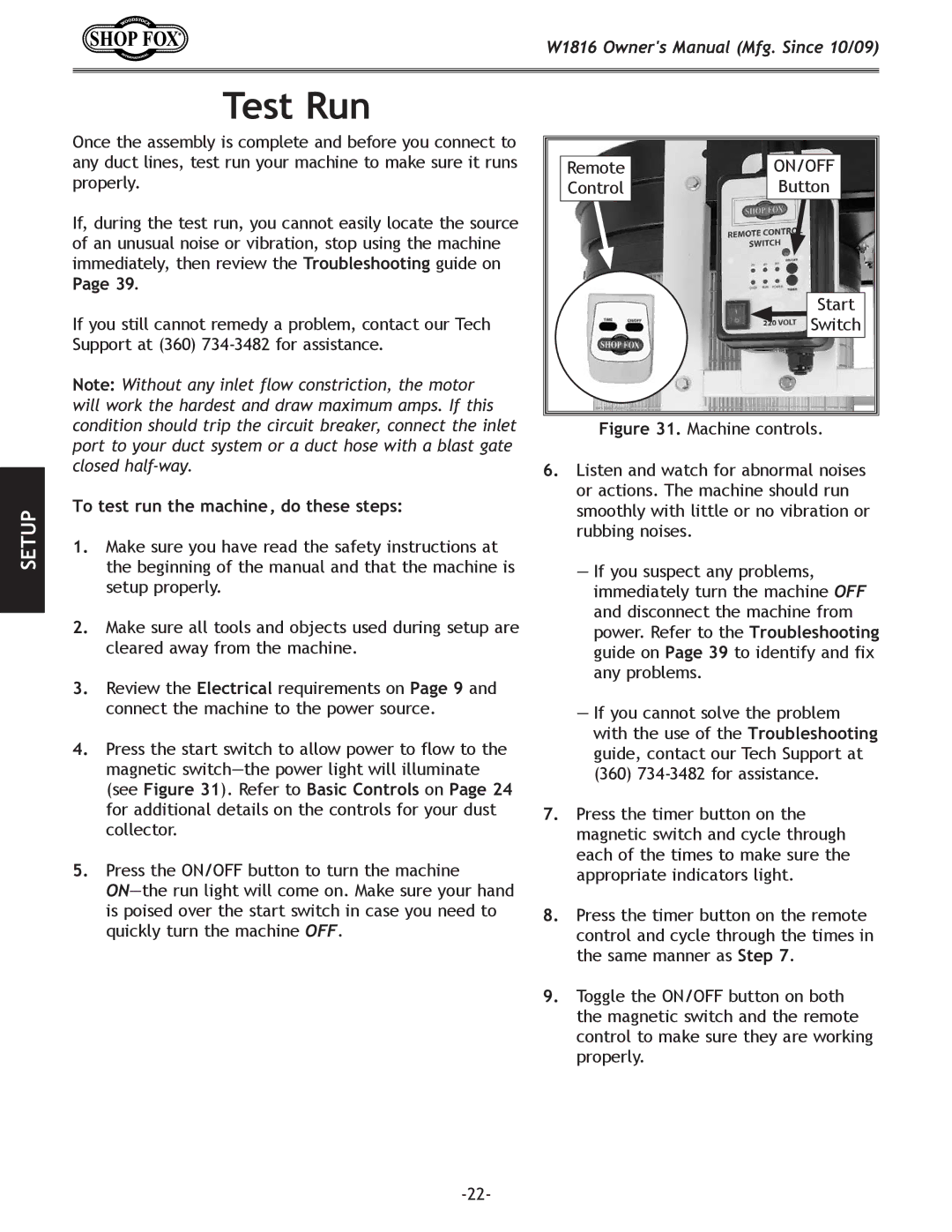 Woodstock W1816 owner manual Test Run, To test run the machine, do these steps 