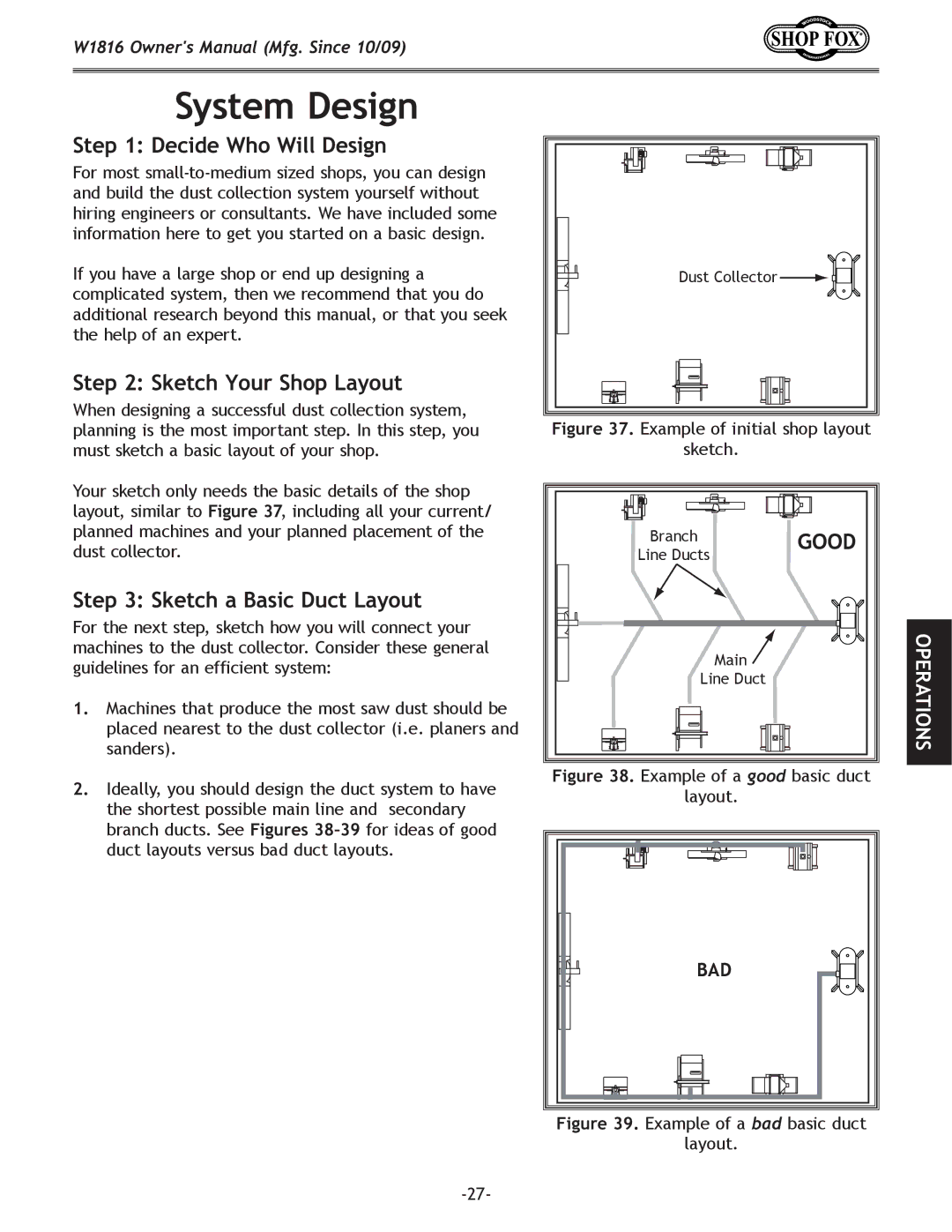 Woodstock W1816 owner manual System Design, Decide Who Will Design, Sketch Your Shop Layout, Sketch a Basic Duct Layout 