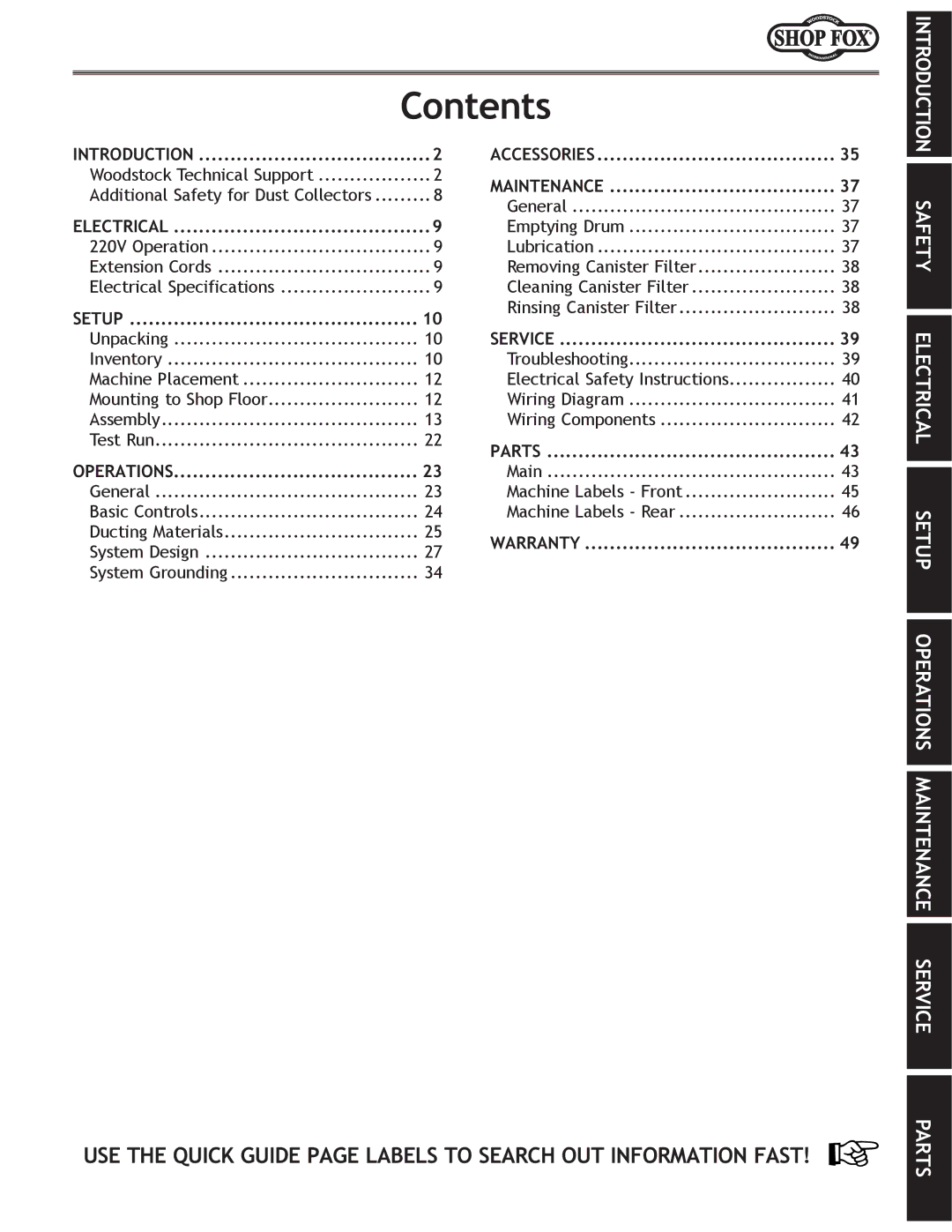 Woodstock W1816 owner manual Contents 