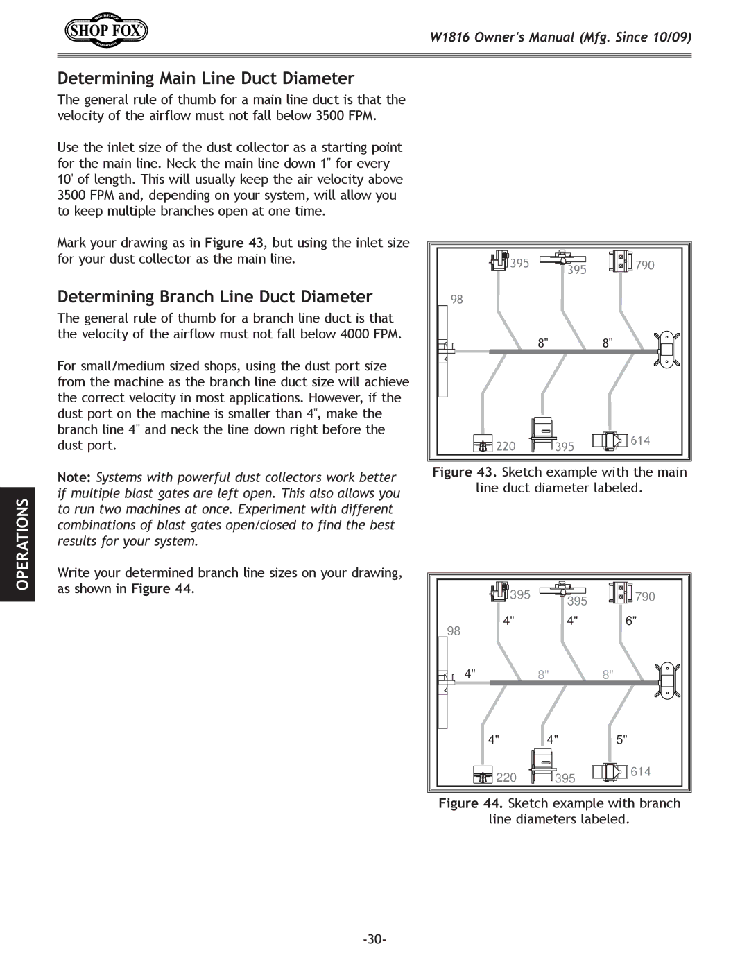 Woodstock W1816 owner manual Determining Main Line Duct Diameter, Determining Branch Line Duct Diameter 