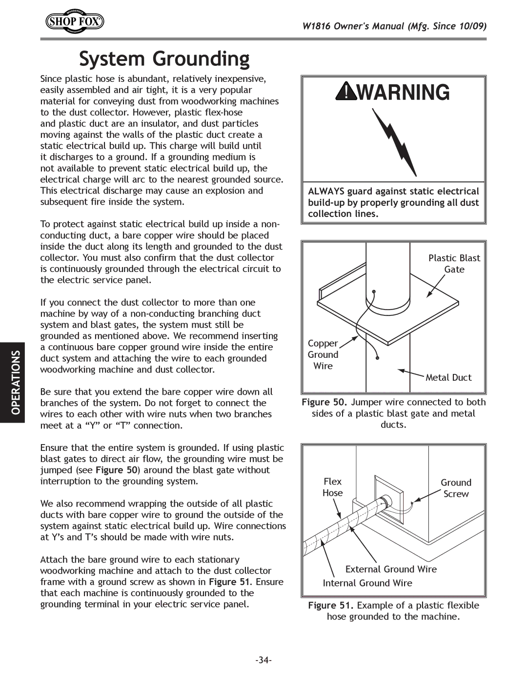 Woodstock W1816 owner manual System Grounding, Metal Duct 