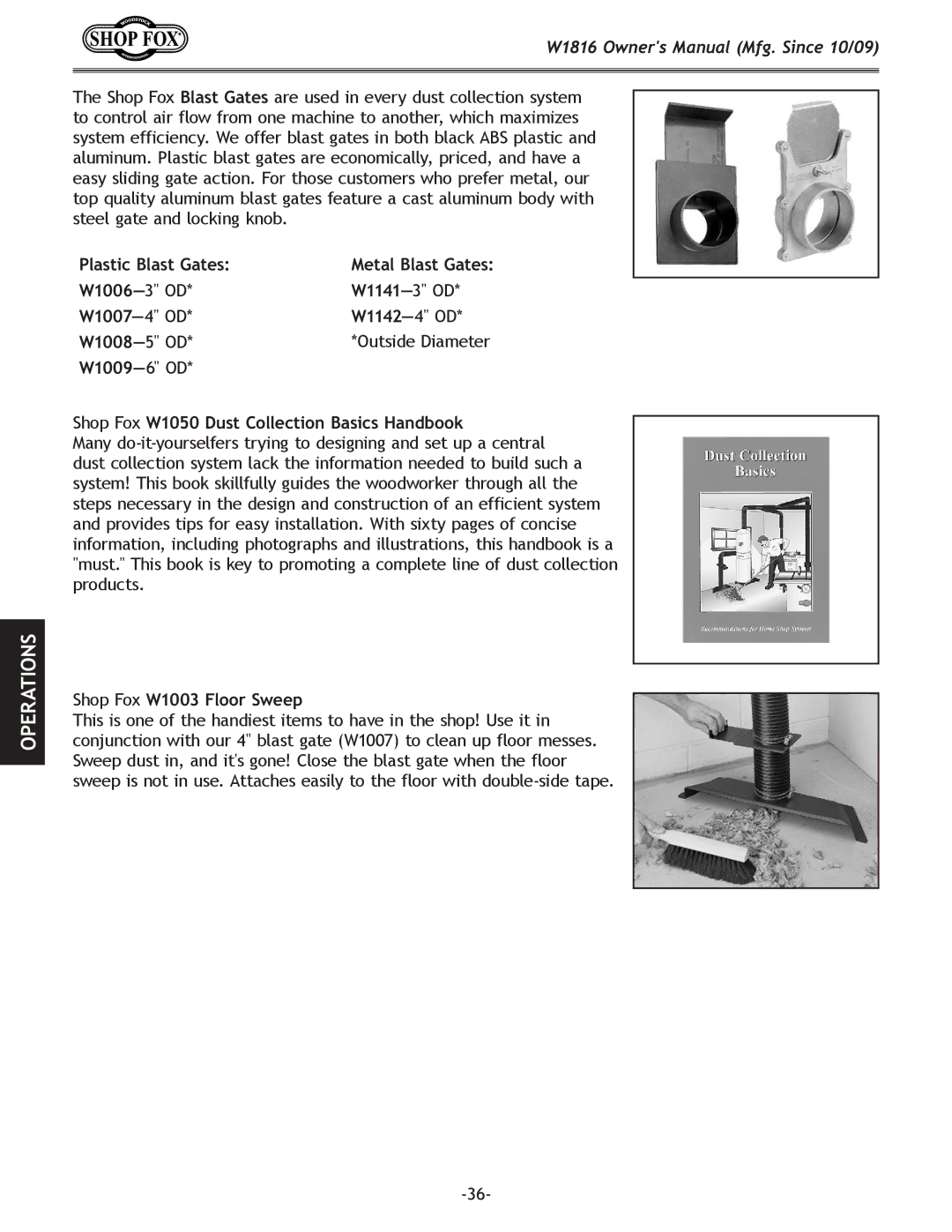 Woodstock W1816 owner manual Plastic Blast Gates, W1006- 3 OD W1141- 3 OD W1007- 4 OD W1142- 4 OD W1008- 5 OD 