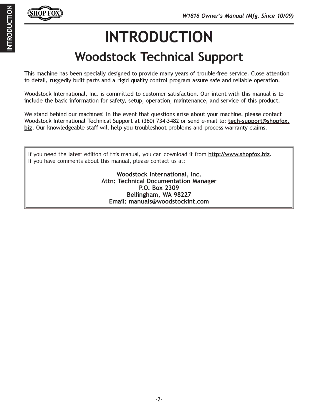 Woodstock W1816 owner manual Introduction, Woodstock Technical Support 