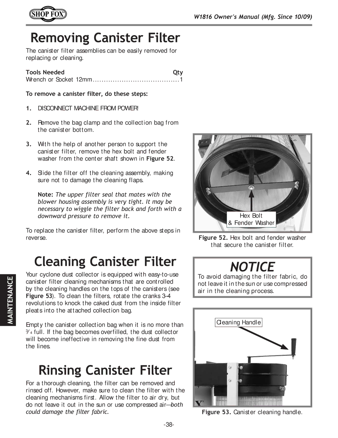 Woodstock W1816 owner manual Removing Canister Filter, Cleaning Canister Filter, Rinsing Canister Filter, Tools Needed Qty 