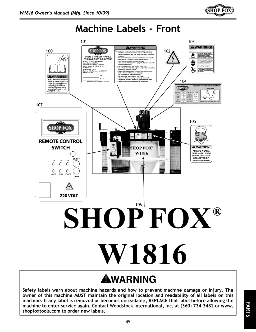 Woodstock W1816 owner manual Machine Labels Front, Volt 