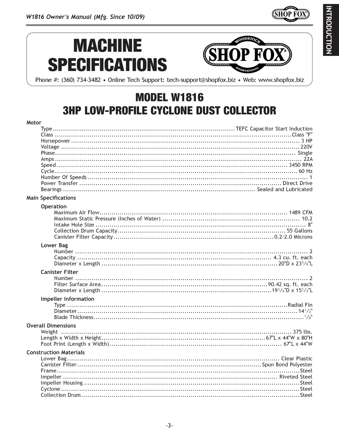 Woodstock W1816 owner manual Machine Specifications 