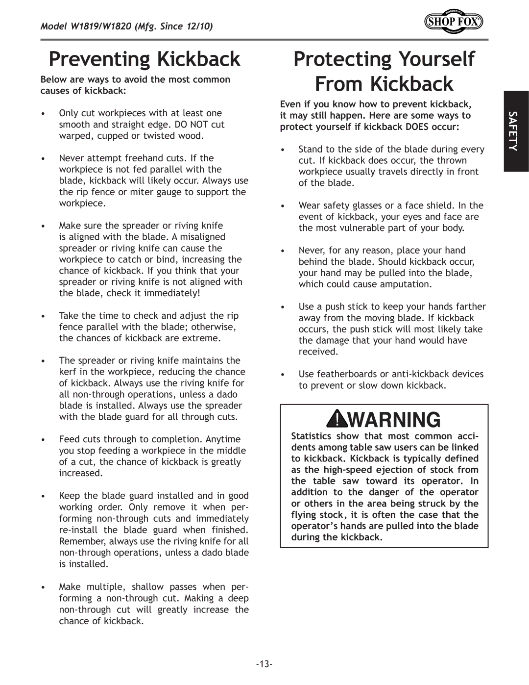 Woodstock W1819/W1820 manual Gi\m\ek`eB`ZbYXZb, Below are ways to avoid the most common causes of kickback 