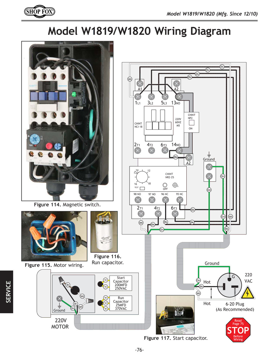 Woodstock W1819/W1820 manual Df\cN/0&N/N`i`e`XiXd, =`li\+% Magnetic switch, =`li\-%, =`li\,% Motor wiring 