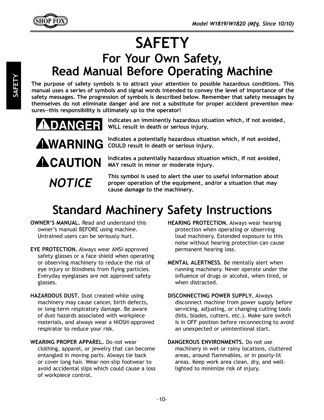 Woodstock W1820, W1819 manual For Your Own Safety Read Manual Before Operating Machine, JkXeXiDXZ`e\ipJX\kp@ejkilZk`fej 