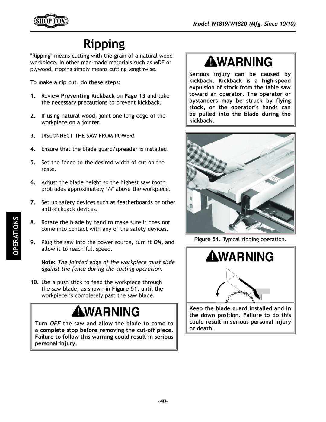 Woodstock W1820, W1819 manual `gg`e,  Disconnect the SAW from Power 