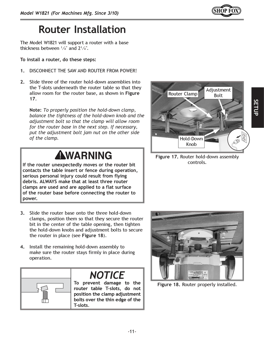 Woodstock W1821 owner manual Router Installation, To install a router, do these steps 