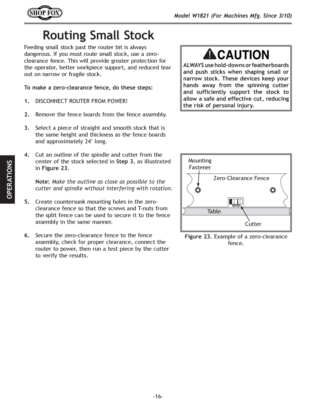 Woodstock W1821 owner manual Routing Small Stock, To make a zero-clearance fence, do these steps 