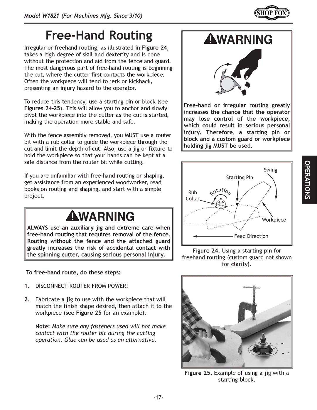 Woodstock W1821 owner manual Free-Hand Routing, Example of using a jig with a Starting block 