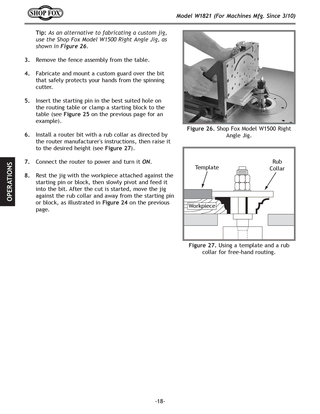 Woodstock W1821 owner manual Shop Fox Model W1500 Right Angle Jig Template 