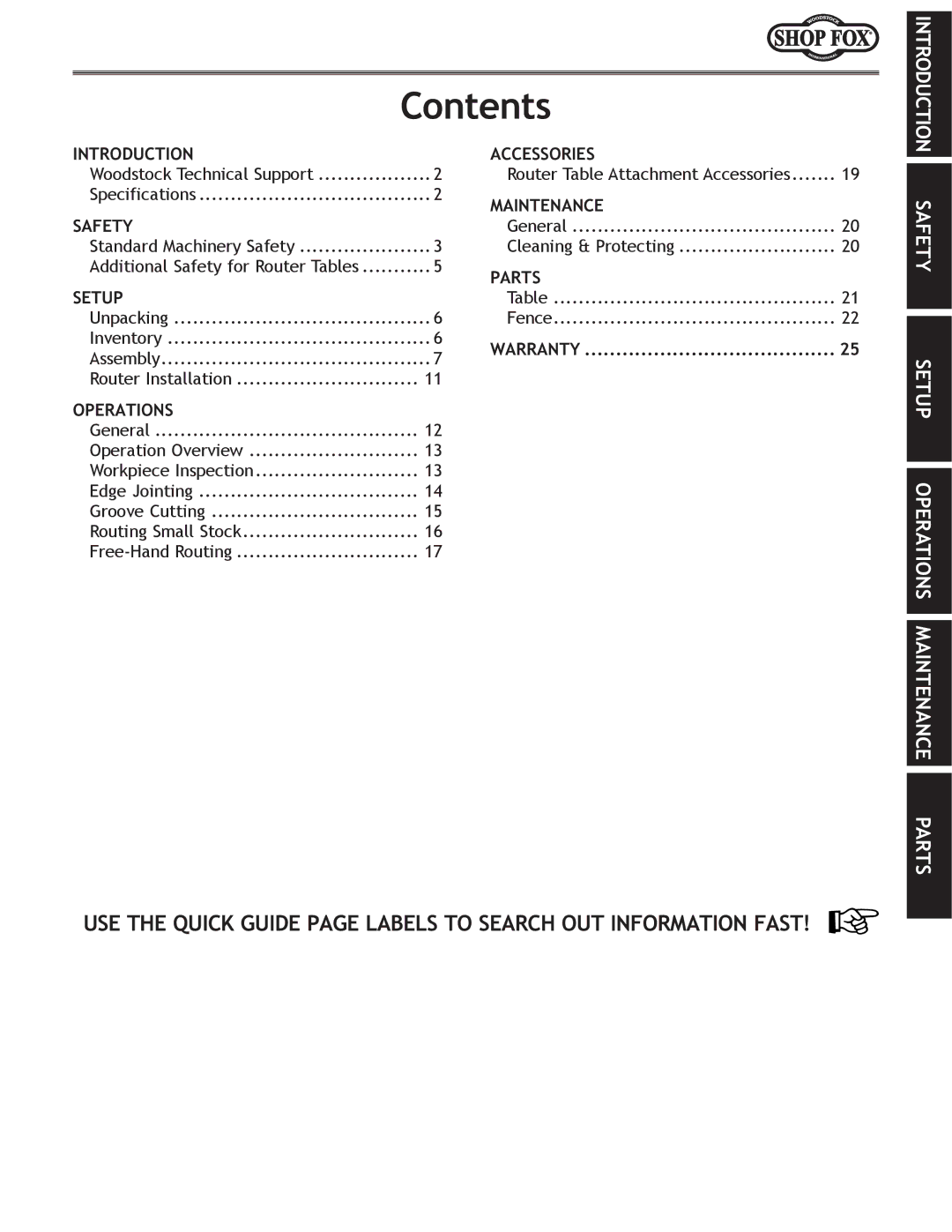 Woodstock W1821 owner manual Contents 