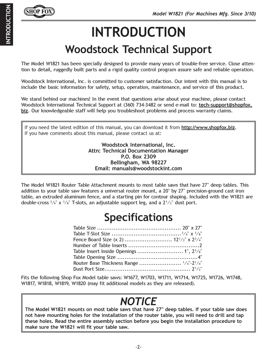 Woodstock W1821 owner manual Introduction, Woodstock Technical Support, Specifications 