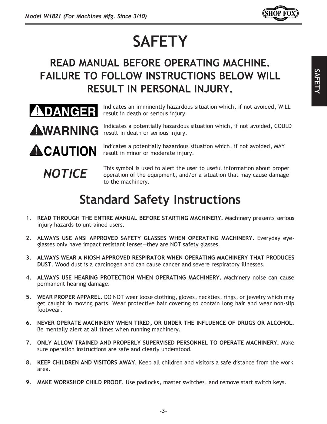 Woodstock W1821 owner manual Safety Safety Standard Machinery Safety 