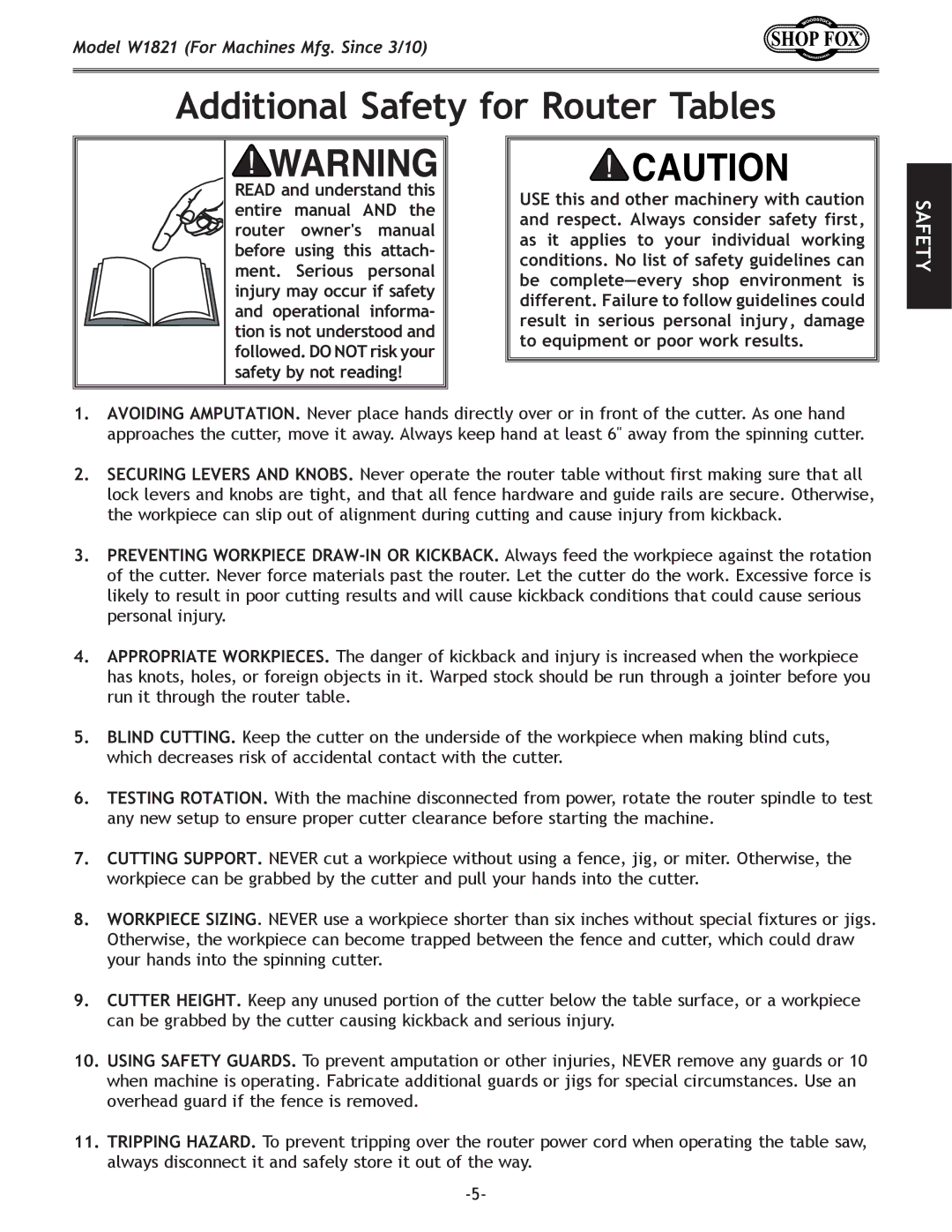 Woodstock W1821 owner manual Additional Safety for Router Tables 