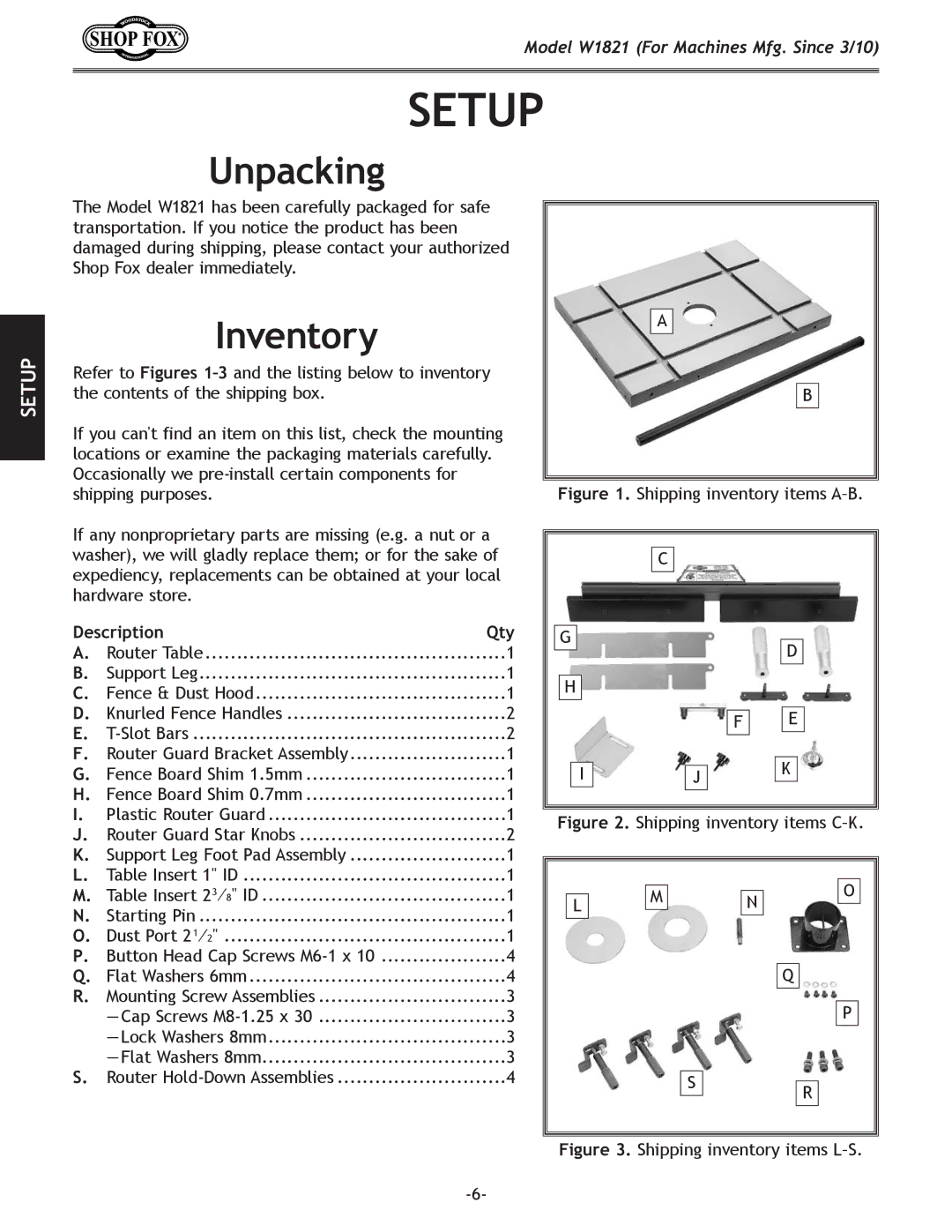 Woodstock W1821 owner manual Setup, Unpacking, Inventory, Description Qty 