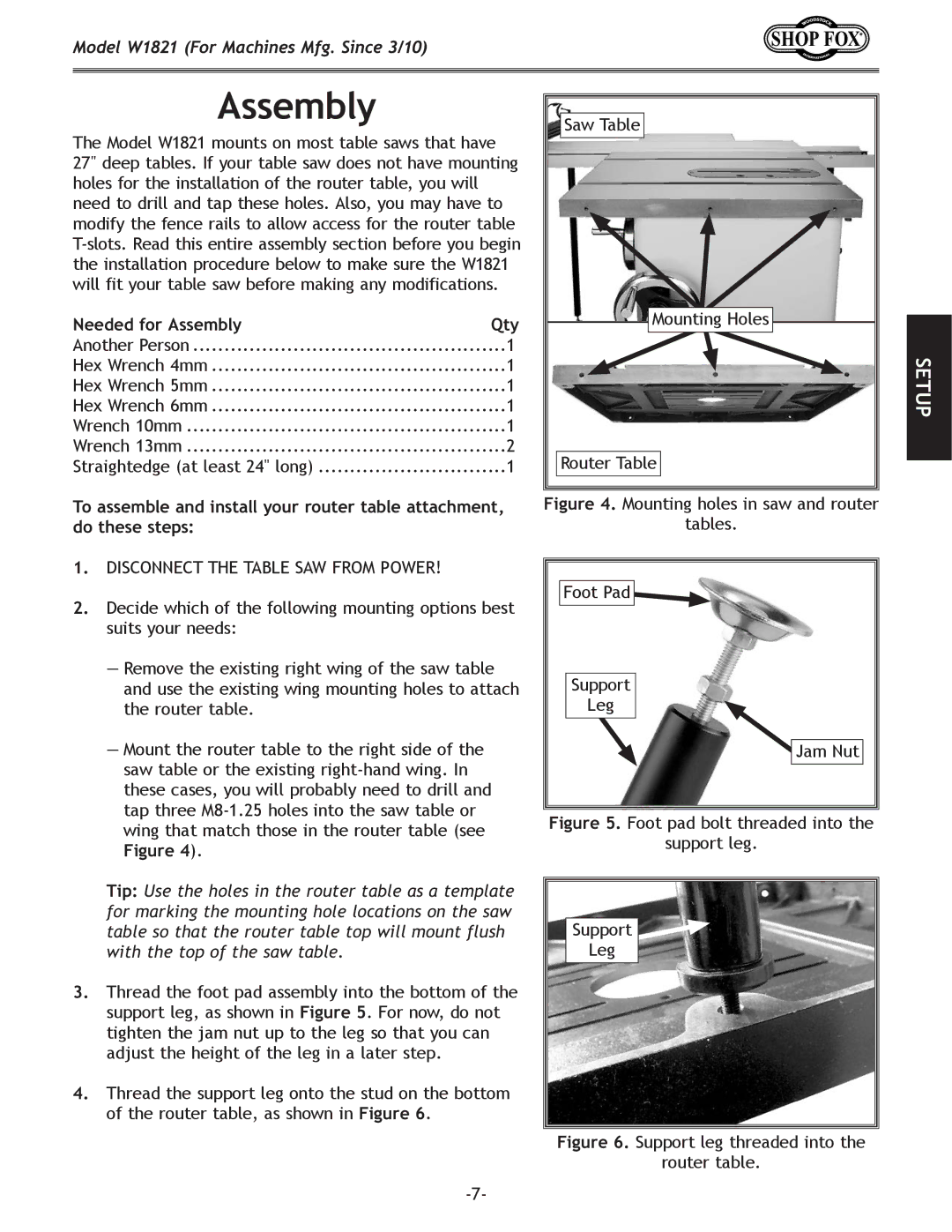 Woodstock W1821 owner manual Needed for Assembly Qty 