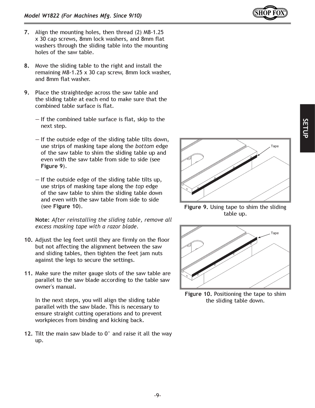 Woodstock W1822 owner manual Using tape to shim the sliding 