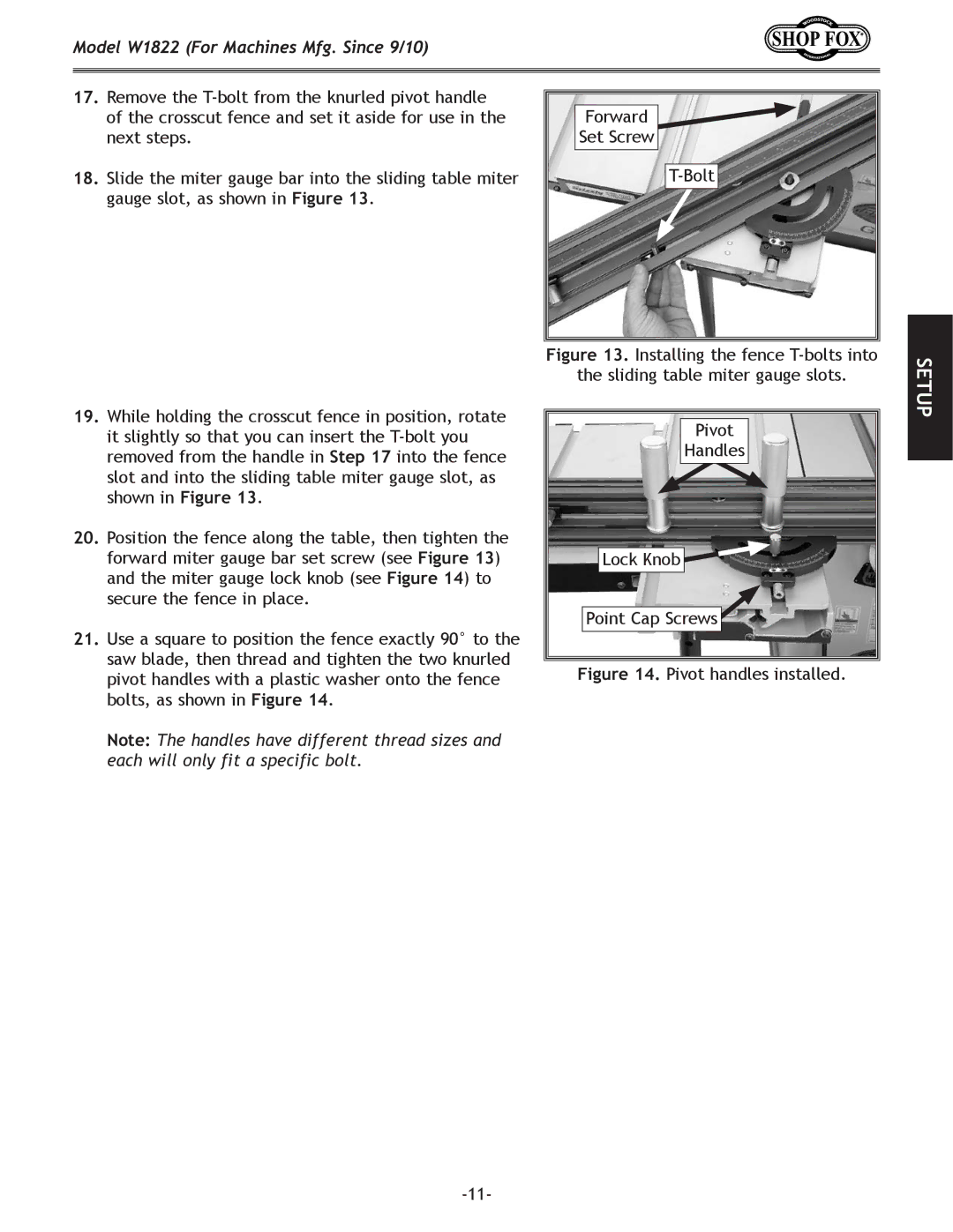 Woodstock W1822 owner manual Pivot handles installed 