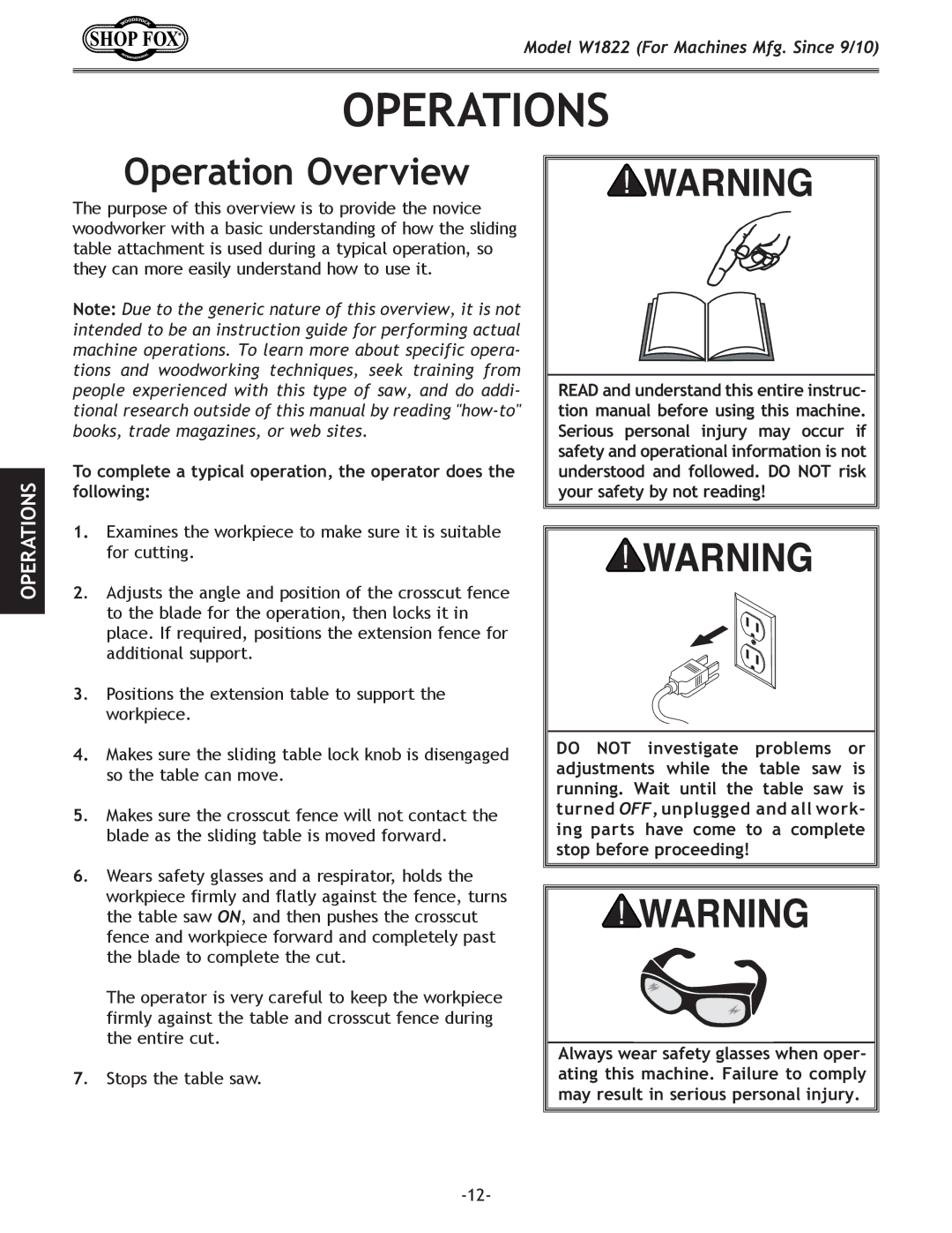 Woodstock W1822 owner manual Operations, Operation Overview 