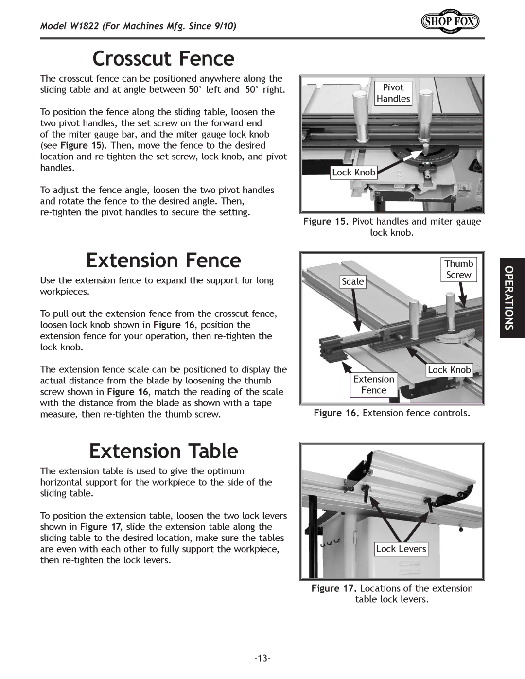 Woodstock W1822 owner manual Crosscut Fence, Extension Fence, Extension Table 