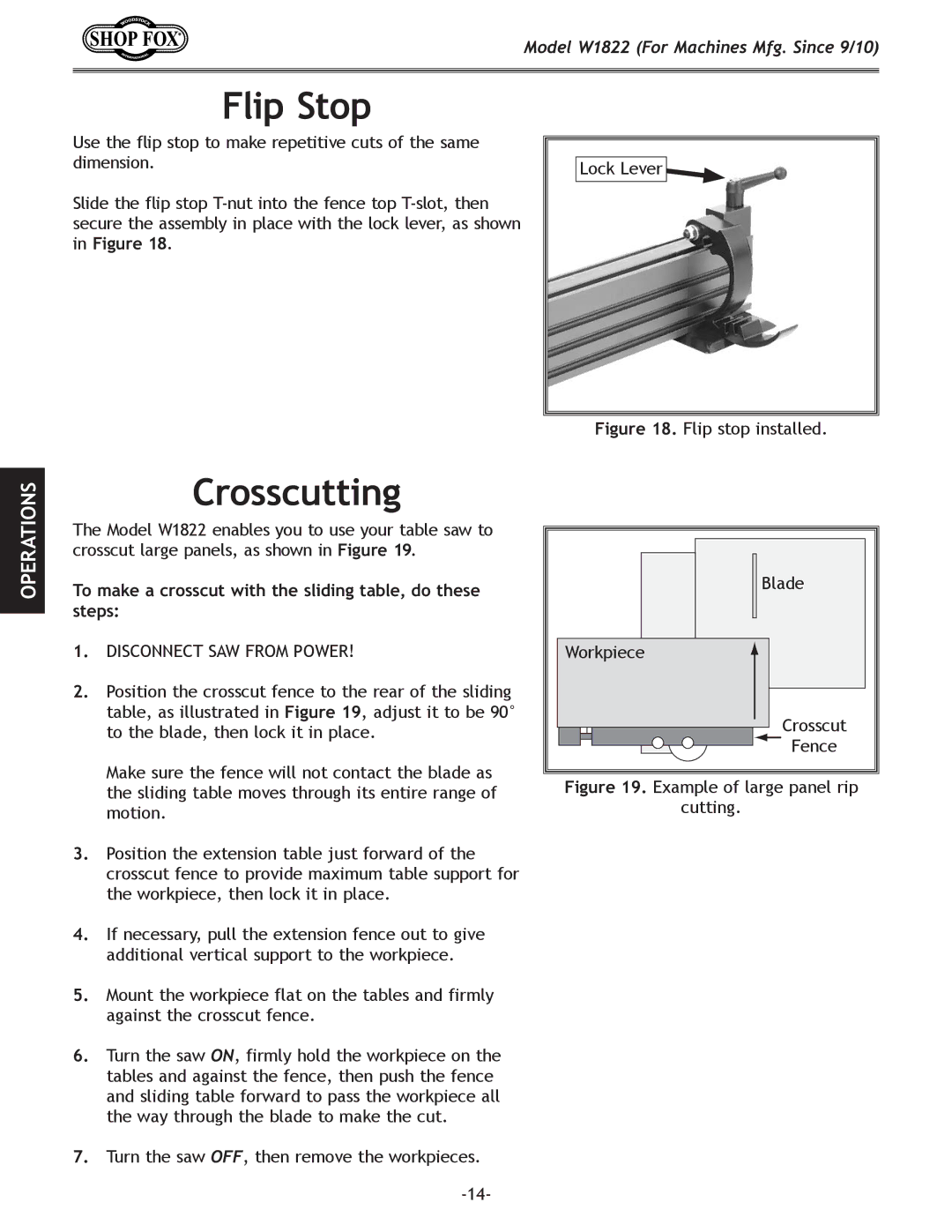 Woodstock W1822 owner manual Flip Stop, Crosscutting, To make a crosscut with the sliding table, do these steps 