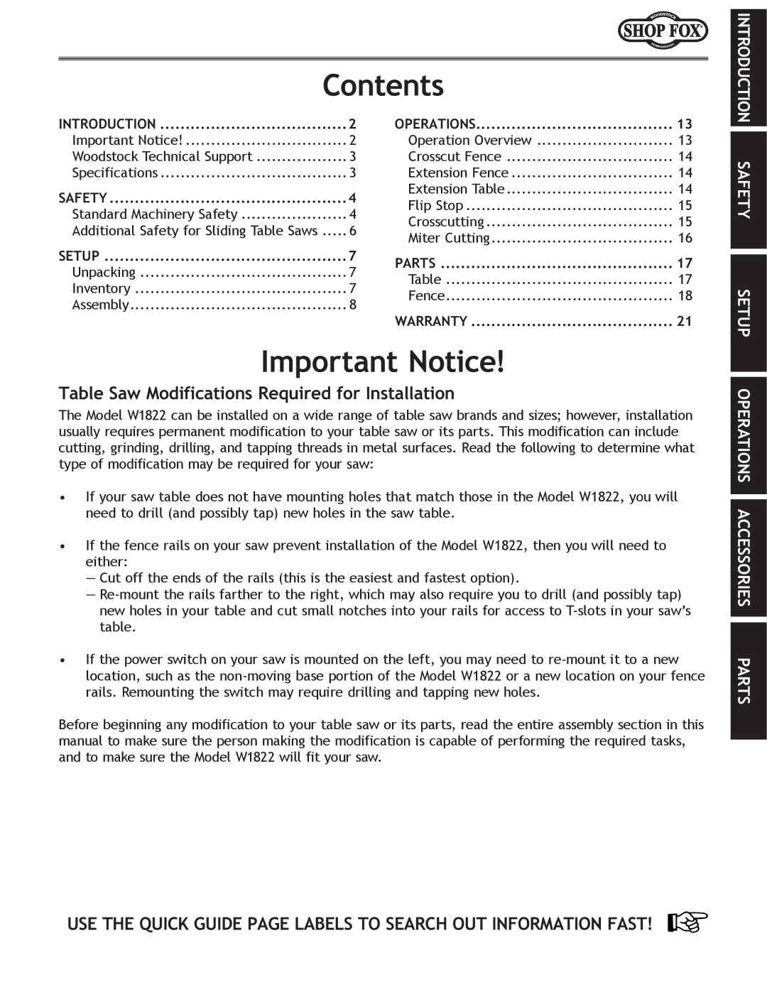 Woodstock W1822 owner manual Contents, Important Notice 