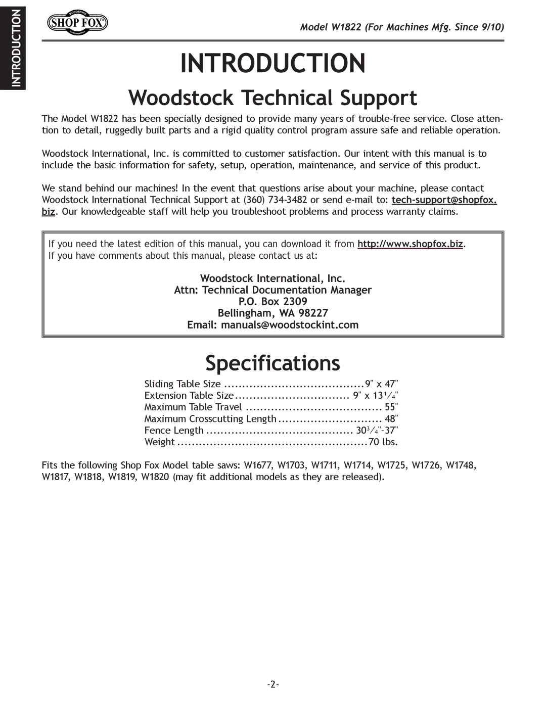 Woodstock W1822 owner manual Introduction, Woodstock Technical Support, Specifications 