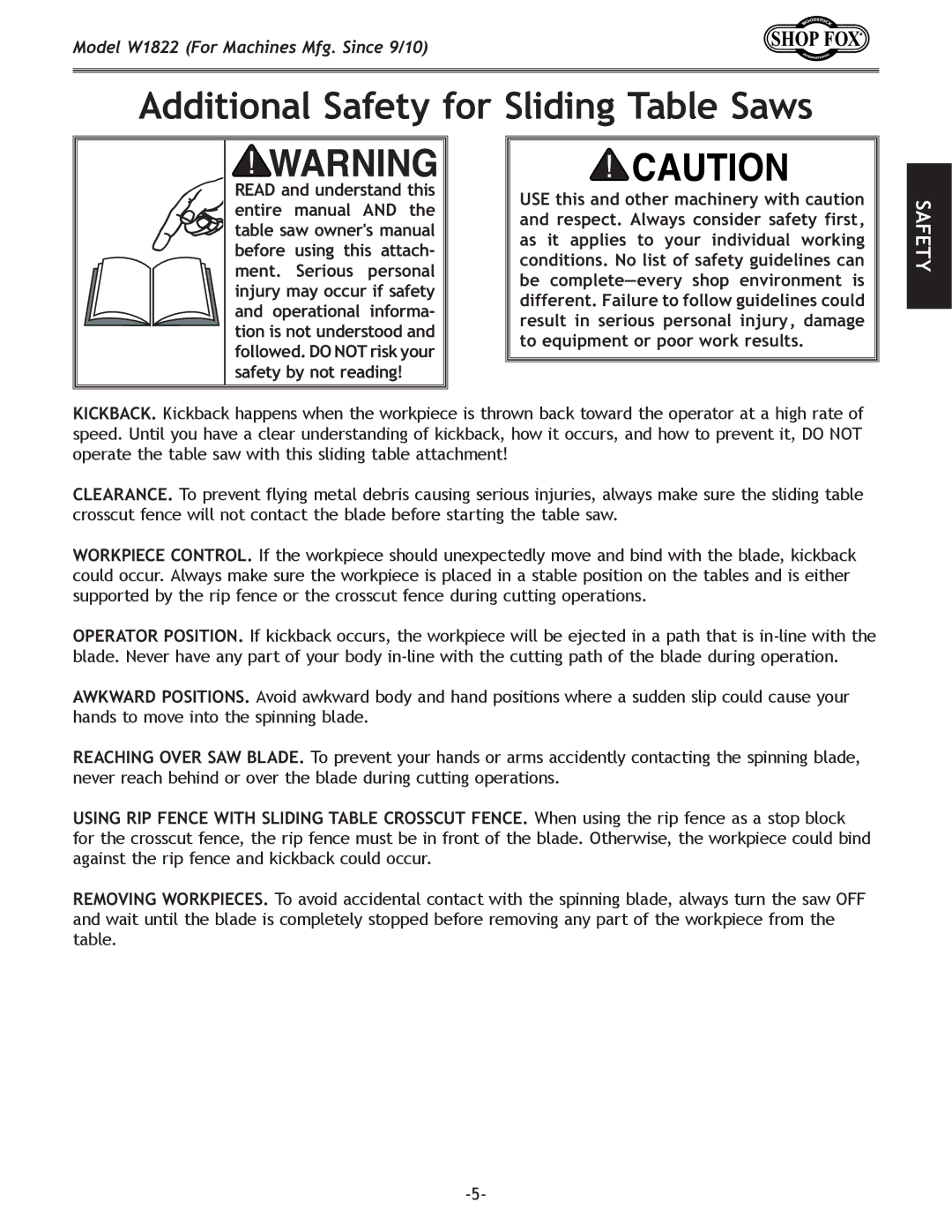 Woodstock W1822 owner manual Additional Safety for Sliding Table Saws 