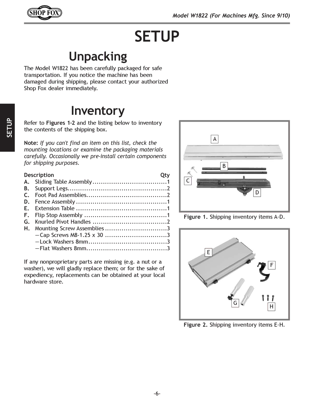 Woodstock W1822 owner manual Setup, Unpacking, Inventory, Description Qty 