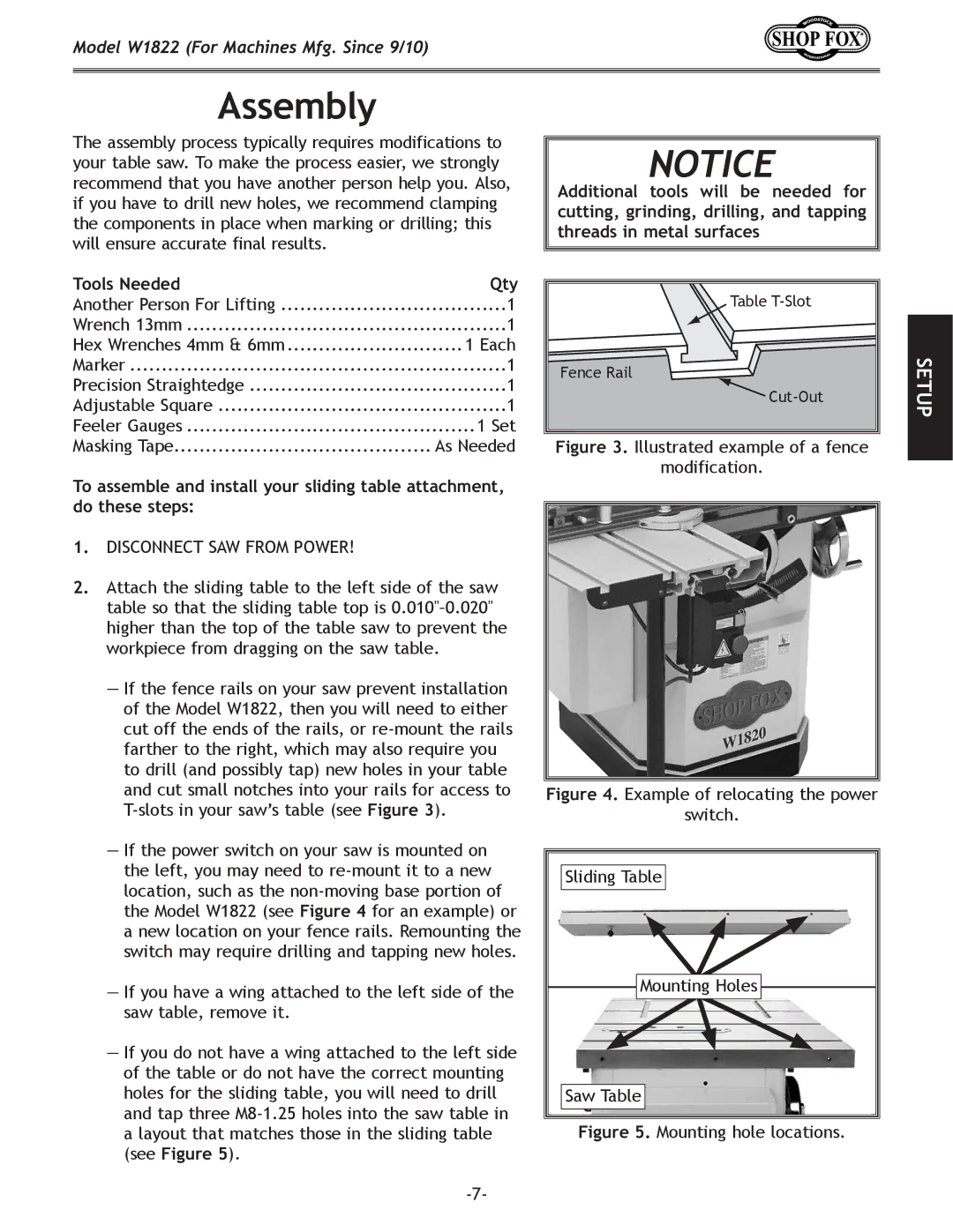 Woodstock W1822 owner manual Assembly, Disconnect SAW from Power 