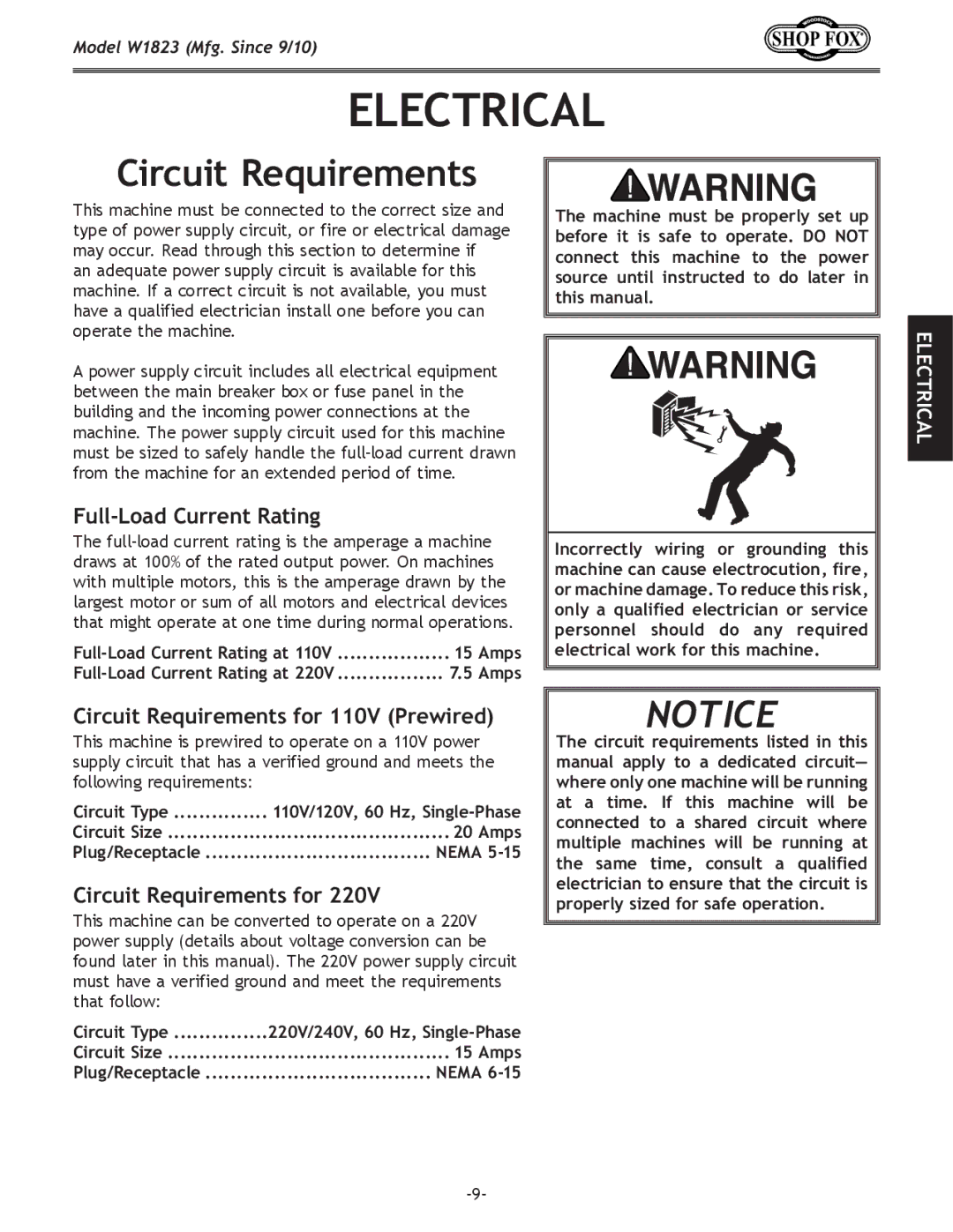 Woodstock W1823 manual Electrical, Full-Load Current Rating, Circuit Requirements for 110V Prewired 