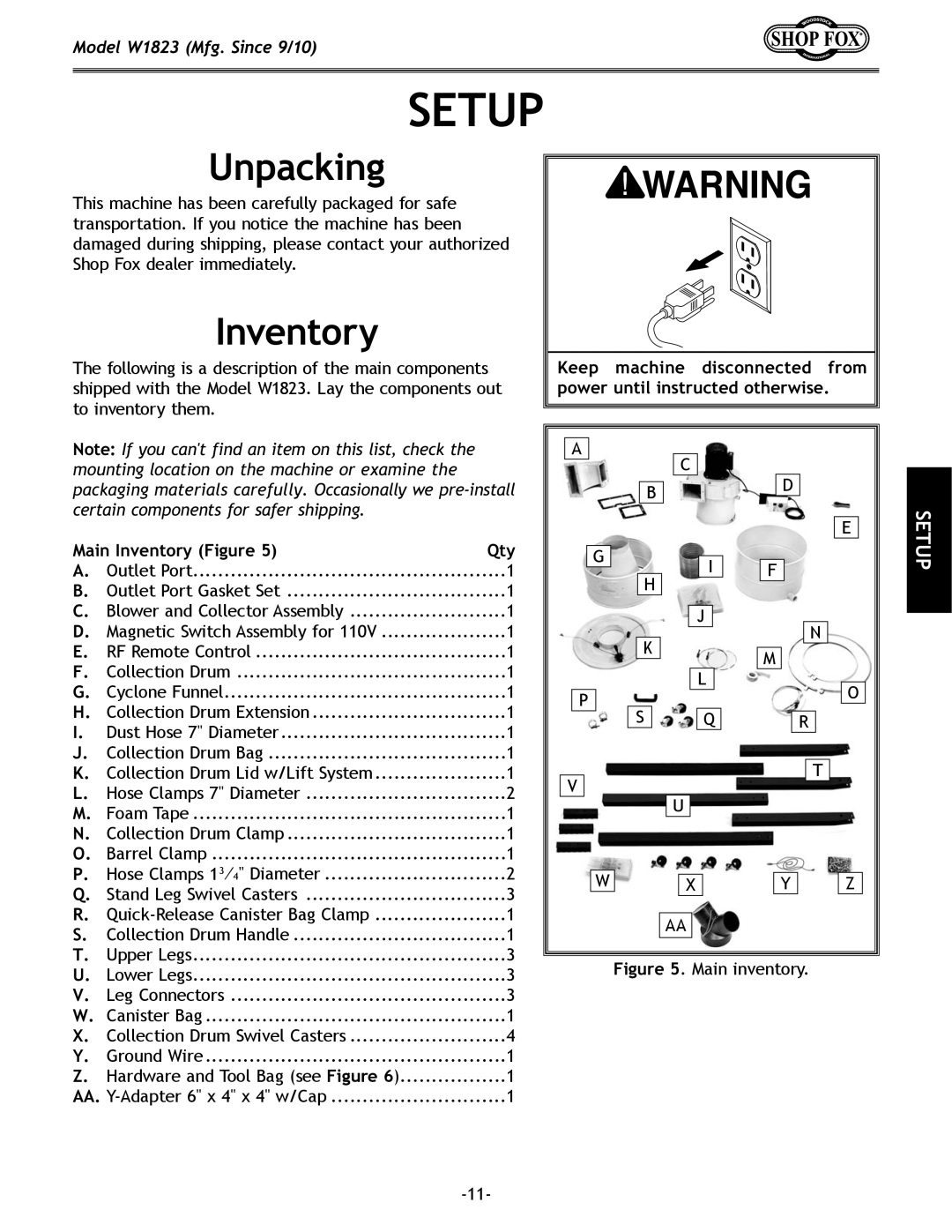 Woodstock W1823 manual Setup, Unpacking, Inventory 