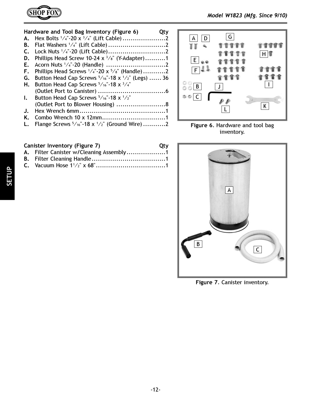 Woodstock W1823 manual Hardware and Tool Bag Inventory Figure Qty, Canister Inventory Figure Qty 