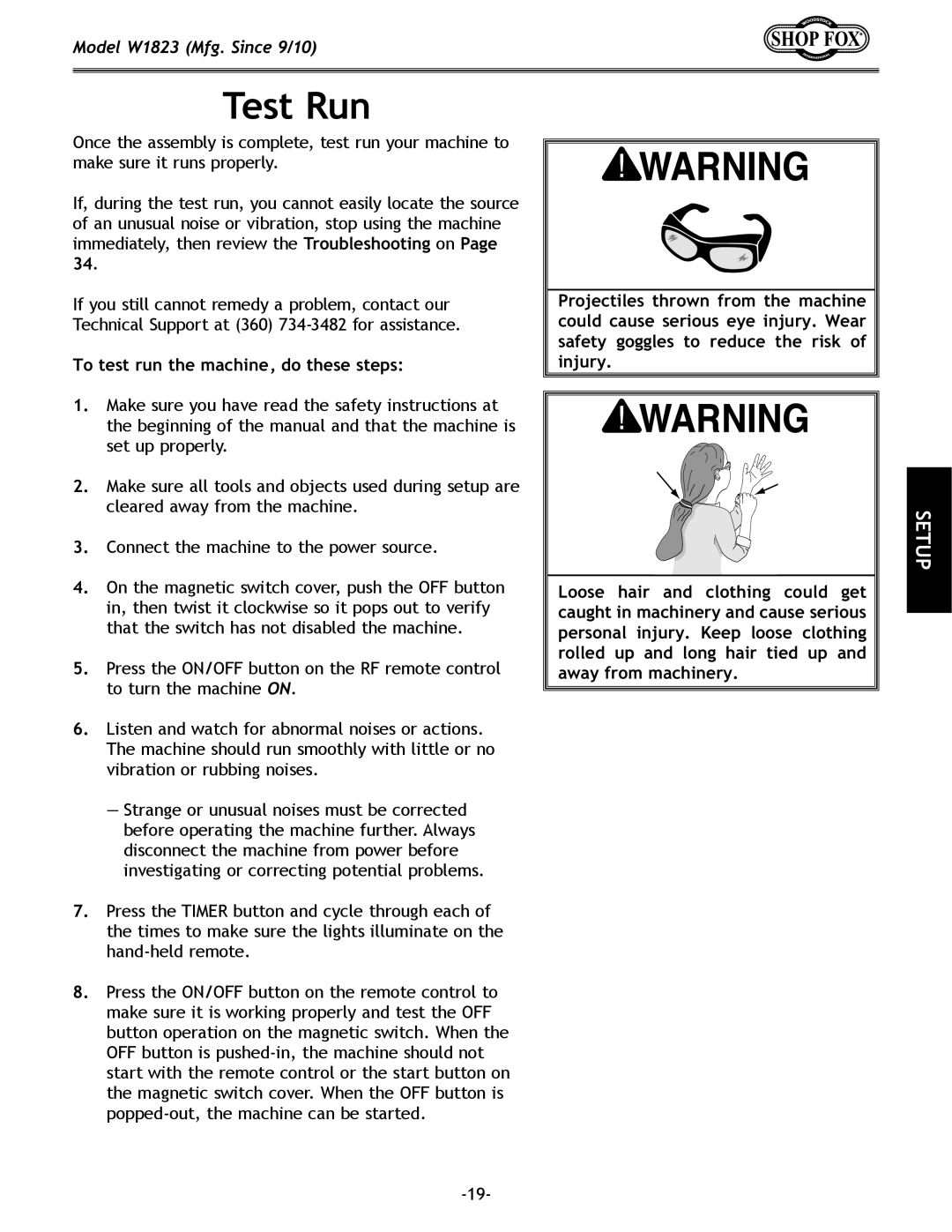 Woodstock W1823 manual Test Run, To test run the machine, do these steps 