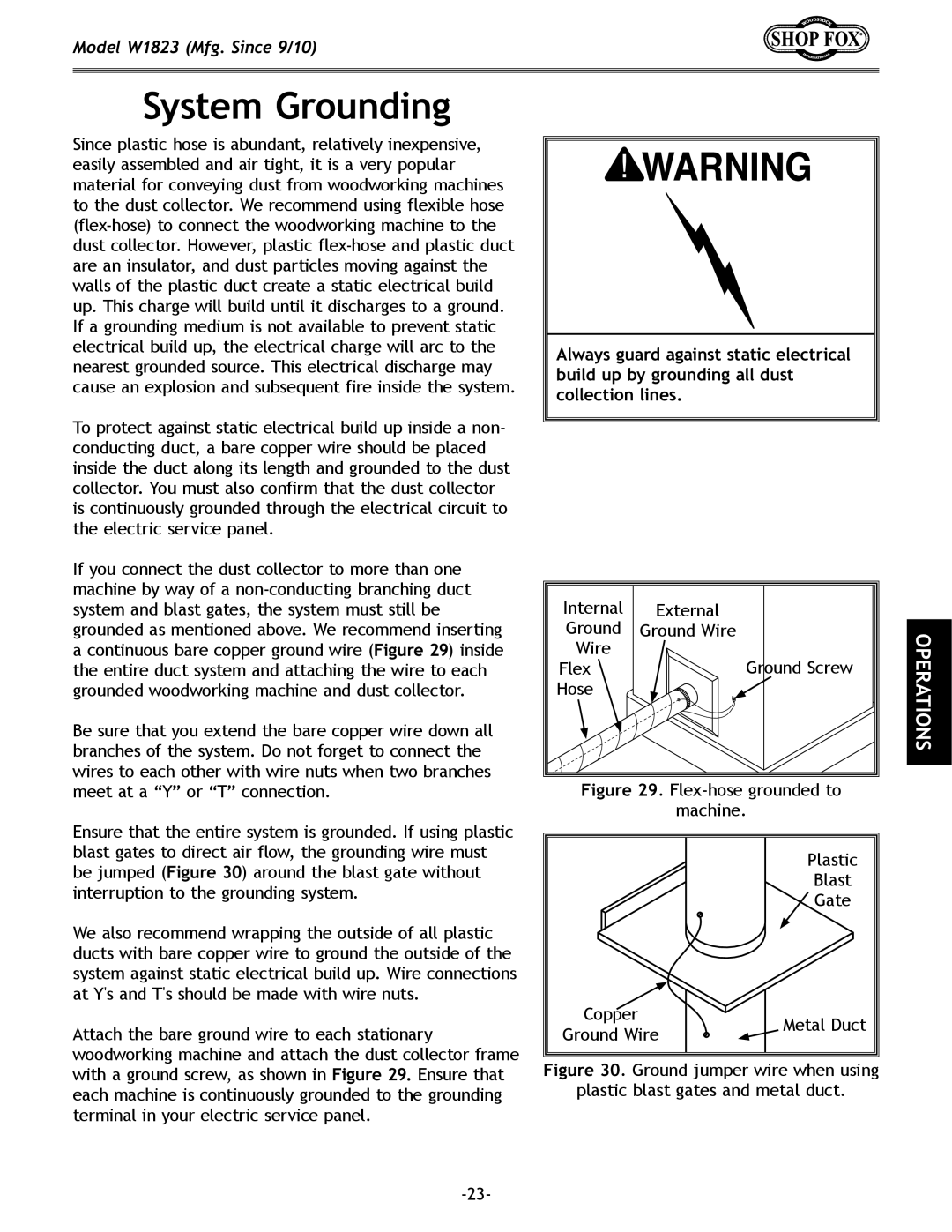 Woodstock W1823 manual System Grounding, Flex-hose grounded to Machine Plastic Blast 