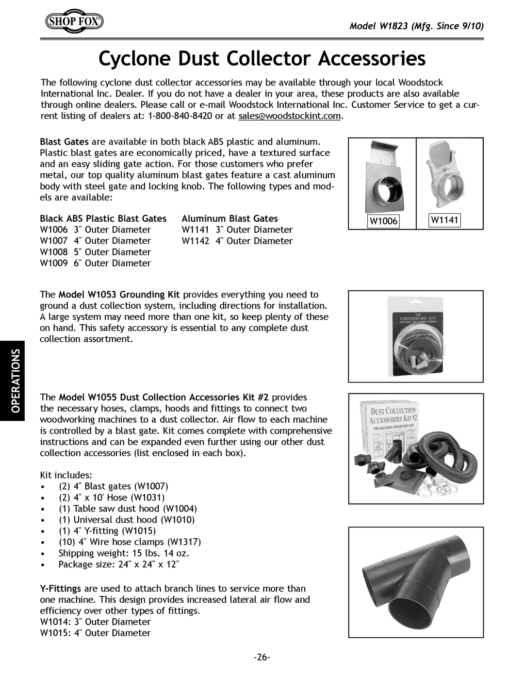 Woodstock W1823 manual Cyclone Dust Collector Accessories, Black ABS Plastic Blast Gates Aluminum Blast Gates 
