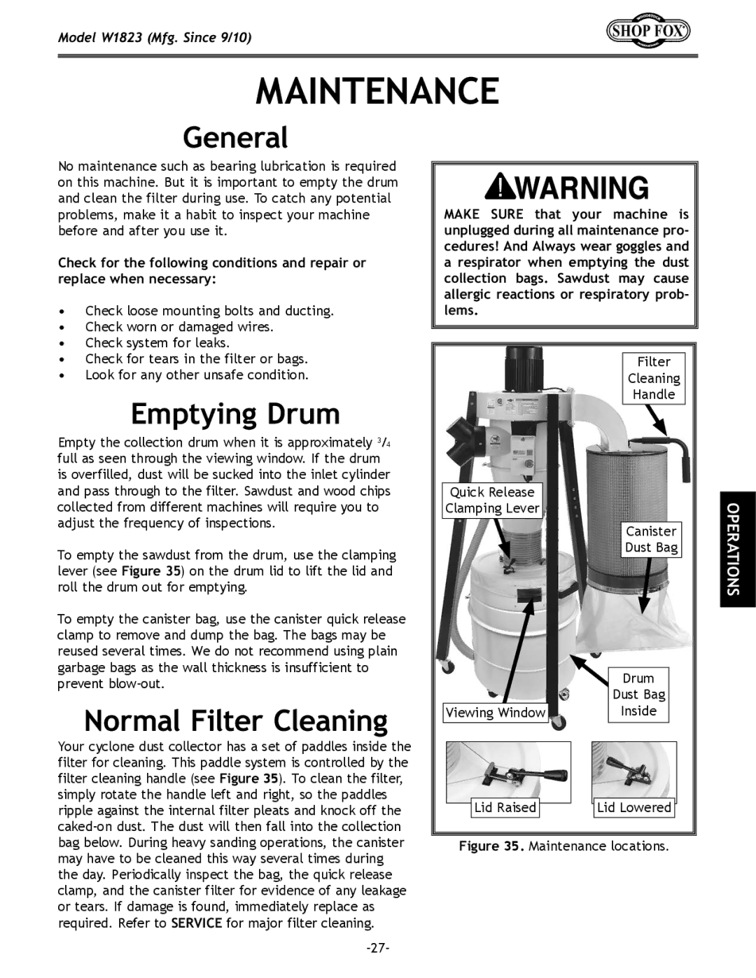 Woodstock W1823 manual Maintenance, General, Emptying Drum, Normal Filter Cleaning 