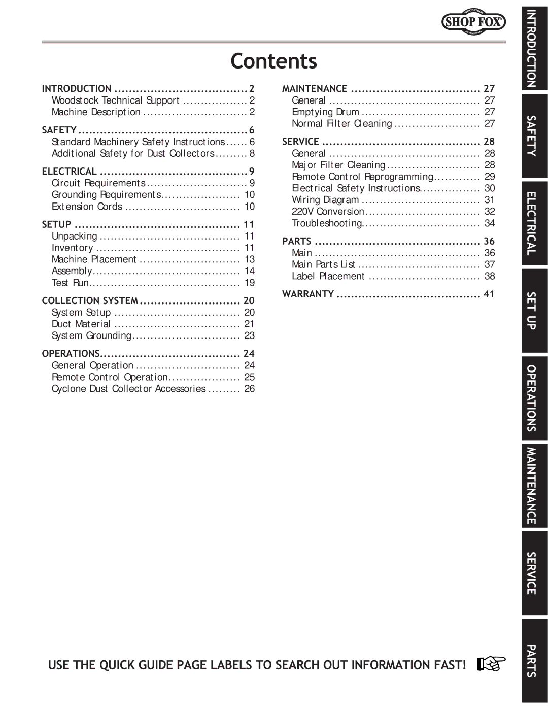 Woodstock W1823 manual Contents 