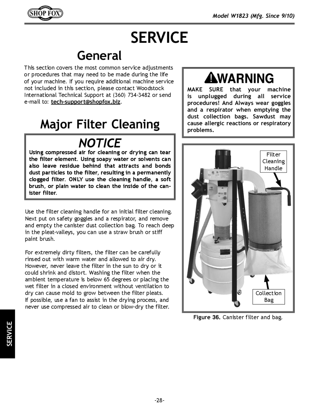 Woodstock W1823 manual Service, Major Filter Cleaning 