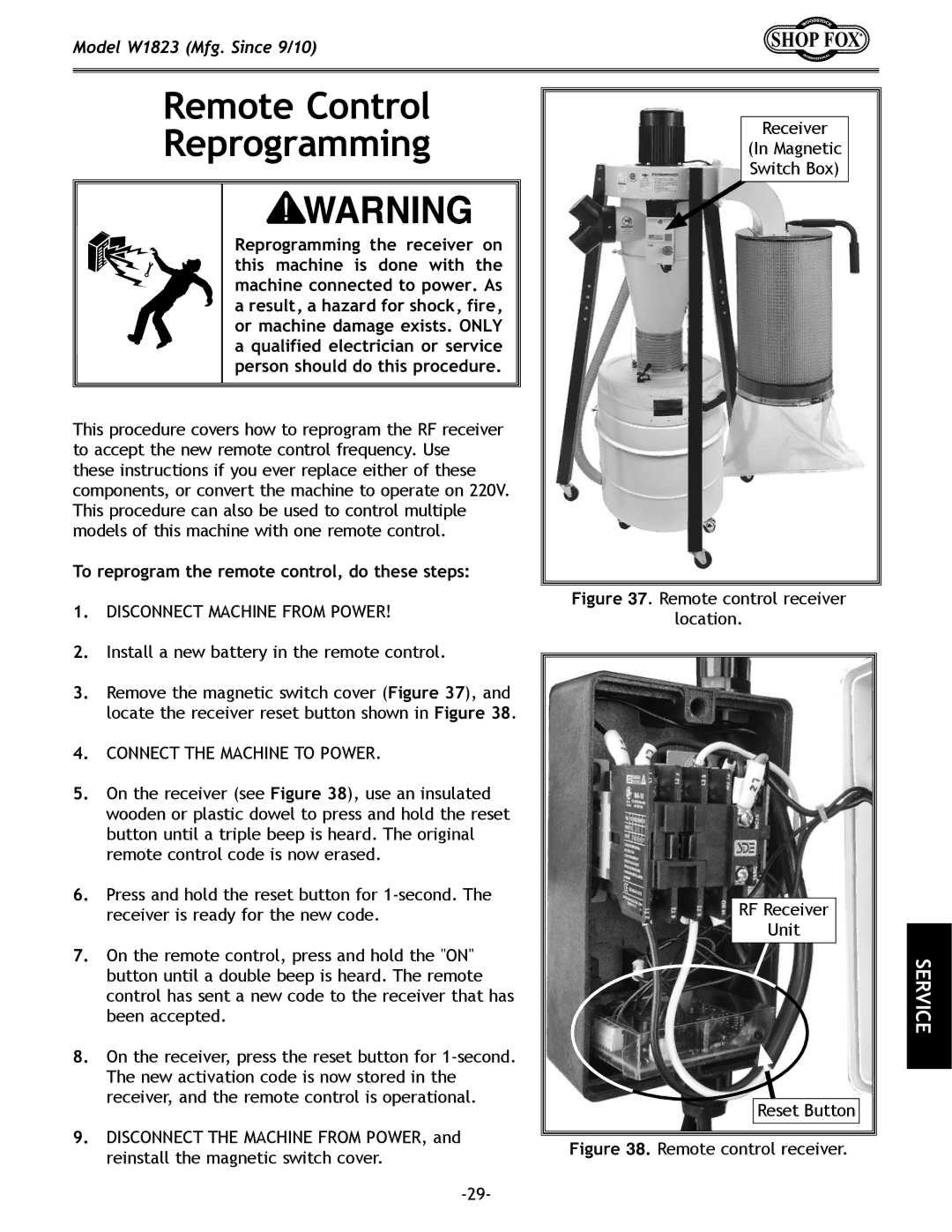 Woodstock W1823 manual Remote Control Reprogramming, To reprogram the remote control, do these steps 