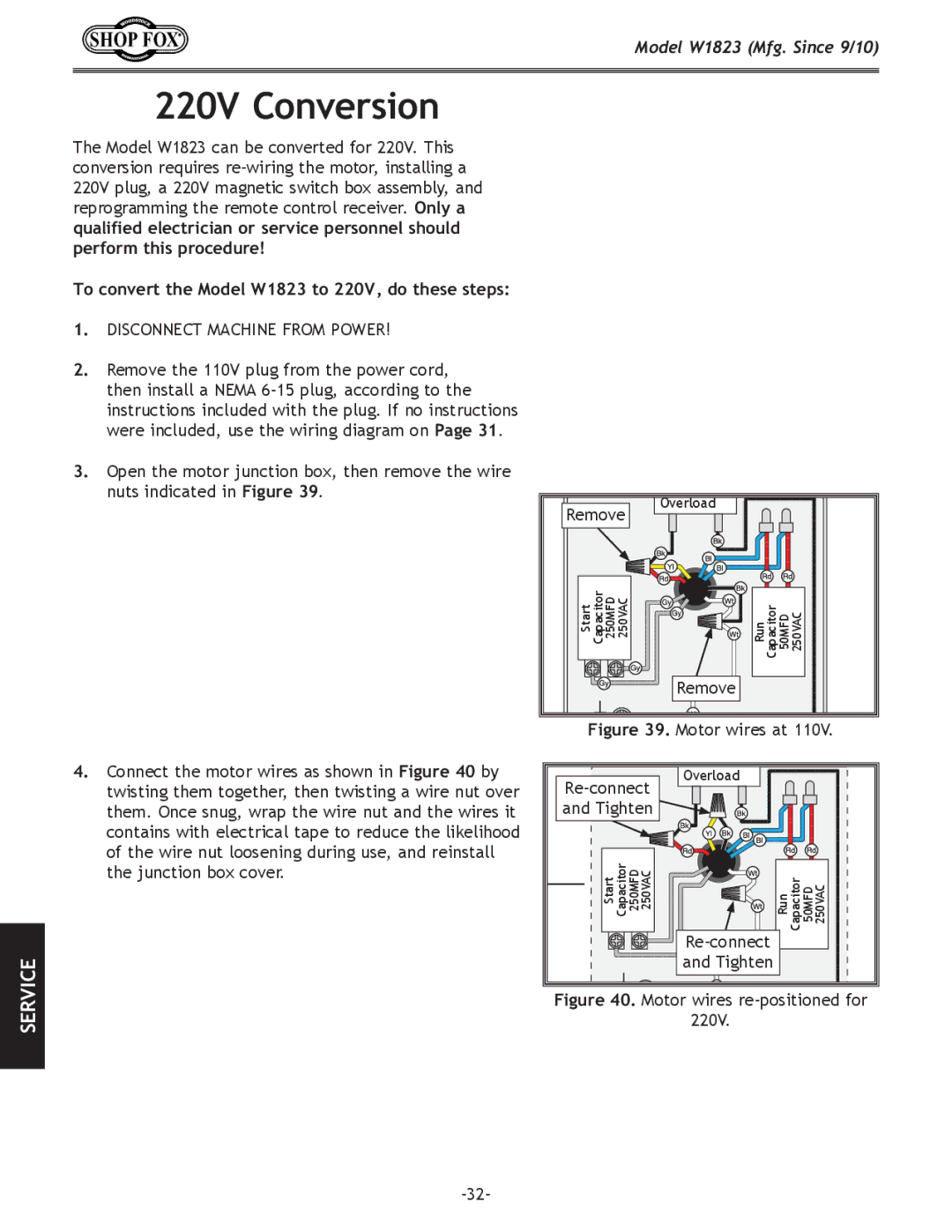 Woodstock manual 220V Conversion, To convert the Model W1823 to 220V, do these steps 