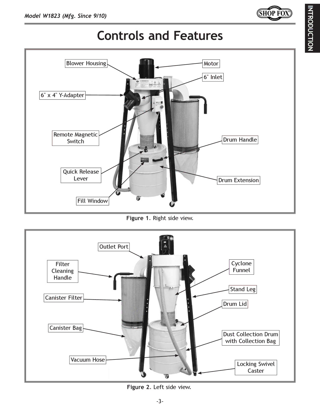 Woodstock W1823 manual Controls and Features, Left side view 