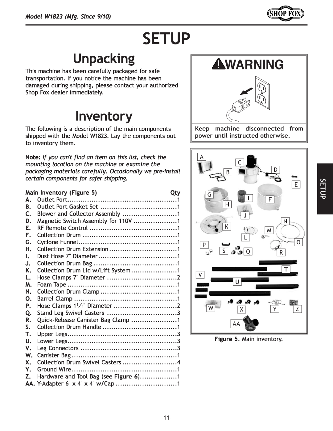 Woodstock manual Setup, Unpacking, Inventory, Model W1823 Mfg. Since 9/10 